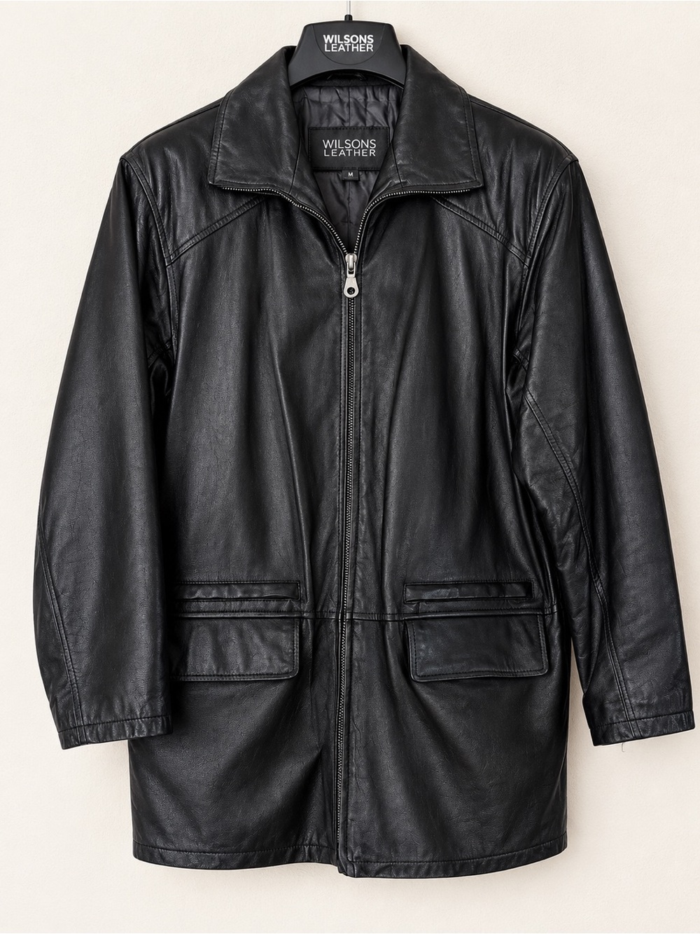 Wilsons Leather Black Full-Zip Long Leather Jacket, vintage